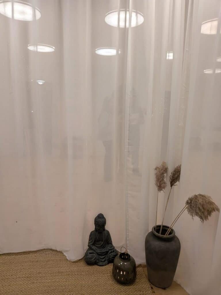 Hwite curtain, Buddha fugure and plants in vase in front