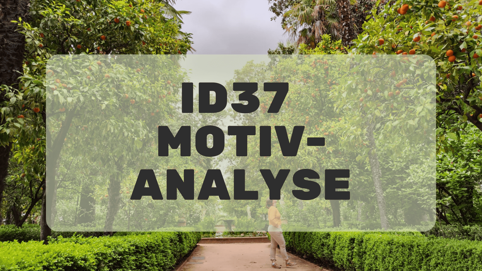 Gartenhintergrund, Frau mit orangenem Pulli unten recht, Titel ID37 Motivanalyse