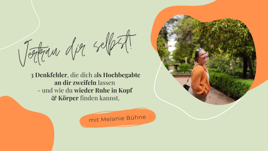 Titelbild Webinar Vertrau dir selbst, hellgrüner Hintergrund, Bild von Frau vor Natur oben rechts, orangene Flecken oben rechts und unten links