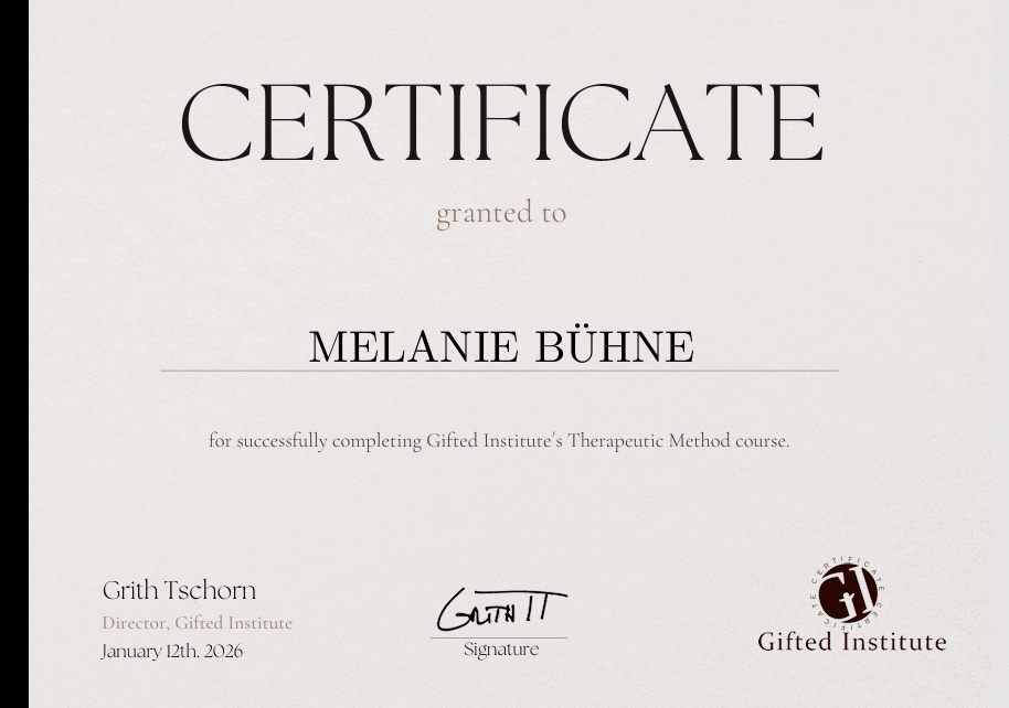 Certificate Melanie Bühne Gifted Institue Therapy Method Training