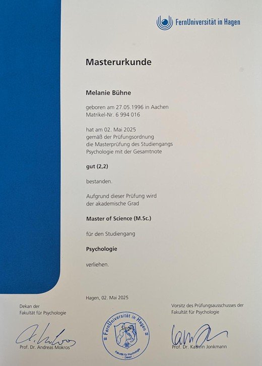 Masterzeugnis Psychologie der Fernuniversität in Hagen
